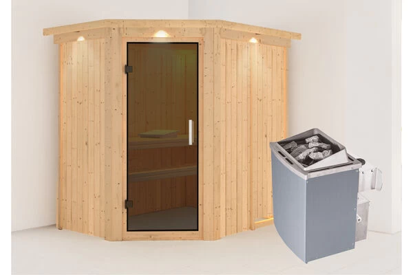 KARIBU Carin Sauna, Naturbelassen, Fichte, 210 X 165 X 202 Cm, Eckeinstieg,mit Graphitfarbener Tür Und Kranz SETmit Ofen 4,5 KW Integr. Str. 4 KARIBU Carin Sauna, Naturbelassen, Fichte, 210 X 165 X 202 Cm, Eckeinstieg,mit Graphitfarbener Tür Und Kranz SETmit Ofen 4,5 KW Integr. Str. – Bild 2