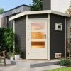 KARIBU Pekka Saunahaus, Terragrau, Fichte, 196 X 196 X 190 Cm, Eckeinstieg, Mit Moderner Tür SET Mit Ofen 9 KW Ext. Strg.