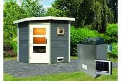 KARIBU Pekka Saunahaus, Terragrau, Fichte, 196 X 196 X 190 Cm, Eckeinstieg, Mit Moderner Tür SET Mit Ofen 9 KW Ext. Strg. -Warmer Garten 30938 2 02.jpg