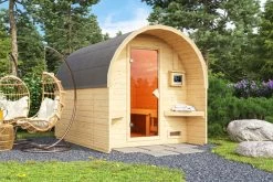 KARIBU Fasshaus 2 Saunahaus, Naturbelassen, Fichte, 219 X 295 X 218,5 Cm, Fronteinstieg, SET Mit Ofen 9 KW Ext. Strg.