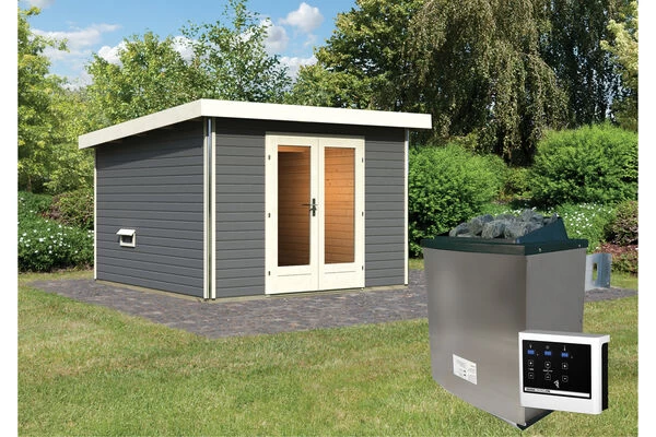 KARIBU Mainburg 1 Saunahaus, Terragrau, Fichte, 309x309x229 Cm, SET 1 Mit Doppelflügeltür, Vorraum Und 9 KW Ofen 4 KARIBU Mainburg 1 Saunahaus, Terragrau, Fichte, 309x309x229 Cm, SET 1 Mit Doppelflügeltür, Vorraum Und 9 KW Ofen – Bild 2