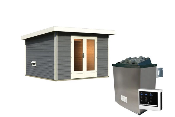 KARIBU Mainburg 1 Saunahaus, Terragrau, Fichte, 309x309x229 Cm, SET 1 Mit Doppelflügeltür, Vorraum Und 9 KW Ofen 5 KARIBU Mainburg 1 Saunahaus, Terragrau, Fichte, 309x309x229 Cm, SET 1 Mit Doppelflügeltür, Vorraum Und 9 KW Ofen – Bild 3