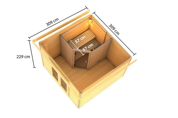 KARIBU Mainburg 1 Saunahaus, Terragrau, Fichte, 309x309x229 Cm, SET 1 Mit Doppelflügeltür, Vorraum Und 9 KW Ofen 7 KARIBU Mainburg 1 Saunahaus, Terragrau, Fichte, 309x309x229 Cm, SET 1 Mit Doppelflügeltür, Vorraum Und 9 KW Ofen – Bild 5