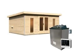 KARIBU Mainburg 4 Saunahaus, Naturbelassen, Fichte, 490x368x229 Cm, SET B Mit Doppelflügeltür, Vorraum Und 9 KW Ofen -Warmer Garten 31324 2 04.jpg