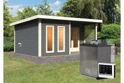 KARIBU Mainburg 5 Saunahaus, Terragrau, Fichte, 508x368x253 Cm, SET A Mit Doppelflügeltür, Terrasse Und 9 KW Bio-Ofen -Warmer Garten 31325 6 02.jpg