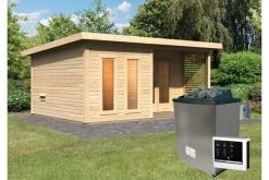 KARIBU Mainburg 5 Saunahaus, Naturbelassen, Fichte, 508x368x253 Cm, SET B Mit Doppelflügeltür, Terrasse Und 9 KW Ofen -Warmer Garten 31326 2 02.jpg
