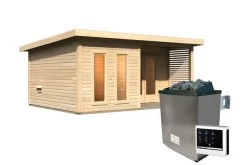 KARIBU Mainburg 5 Saunahaus, Naturbelassen, Fichte, 508x368x253 Cm, SET B Mit Doppelflügeltür, Terrasse Und 9 KW Ofen -Warmer Garten 31326 2 03.jpg