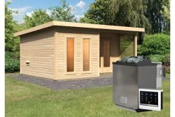 KARIBU Mainburg 5 Saunahaus, Naturbelassen, Fichte, 508x368x253 Cm, SET B Mit Doppelflügeltür, Terrasse Und 9 KW Bio-Ofen -Warmer Garten 31326 3 02.jpg