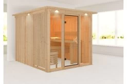 KARIBU Askja Sauna-Set, Naturbelassen, Fichte, 240x248x202 Cm Inkl. Dachkranz Und Ganzglastür