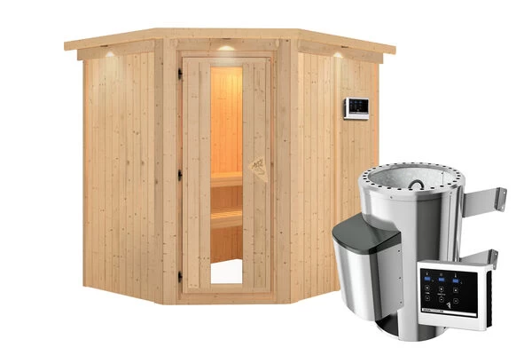 KARIBU Lobin Energiespar-Sauna, Naturbelassen, Fichte, 210x184x202 Cm, Mit Kranz Und 3,6 KW Ofen Ext. Steuerung Modern 5 KARIBU Lobin Energiespar-Sauna, Naturbelassen, Fichte, 210x184x202 Cm, Mit Kranz Und 3,6 KW Ofen Ext. Steuerung Modern – Bild 3