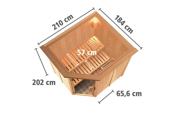 KARIBU Lobin Energiespar-Sauna, Naturbelassen, Fichte, 210x184x202 Cm, Mit Kranz Und 3,6 KW Ofen Ext. Steuerung Modern 7 KARIBU Lobin Energiespar-Sauna, Naturbelassen, Fichte, 210x184x202 Cm, Mit Kranz Und 3,6 KW Ofen Ext. Steuerung Modern – Bild 5
