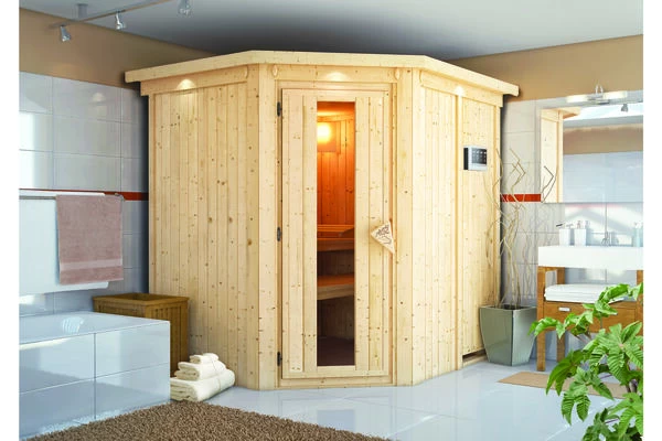 KARIBU Lobin Energiespar-Sauna, Naturbelassen, Fichte, 210x184x202 Cm, Mit Kranz Und 3,6 KW Bio-Ofen Ext. Steuerung Easy 3 KARIBU Lobin Energiespar-Sauna, Naturbelassen, Fichte, 210x184x202 Cm, Mit Kranz Und 3,6 KW Bio-Ofen Ext. Steuerung Easy