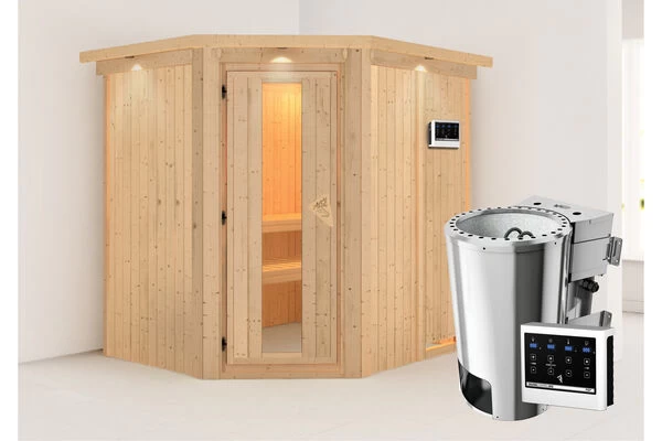 KARIBU Lobin Energiespar-Sauna, Naturbelassen, Fichte, 210x184x202 Cm, Mit Kranz Und 3,6 KW Bio-Ofen Ext. Steuerung Easy 4 KARIBU Lobin Energiespar-Sauna, Naturbelassen, Fichte, 210x184x202 Cm, Mit Kranz Und 3,6 KW Bio-Ofen Ext. Steuerung Easy – Bild 2