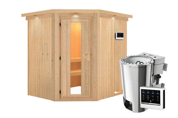 KARIBU Lobin Energiespar-Sauna, Naturbelassen, Fichte, 210x184x202 Cm, Mit Kranz Und 3,6 KW Bio-Ofen Ext. Steuerung Easy 5 KARIBU Lobin Energiespar-Sauna, Naturbelassen, Fichte, 210x184x202 Cm, Mit Kranz Und 3,6 KW Bio-Ofen Ext. Steuerung Easy – Bild 3