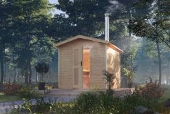 KARIBU Bosse 1 Saunahaus, Naturbelassen, Fichte, 231x273x235 Cm, Milchglastür & Holzofen Inkl. Schornstein