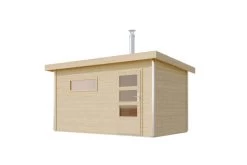 KARIBU Skrollan 3 Saunahaus, Naturbelassen, Fichte, 396x231x227 Cm, Moderne Tür & Holzofen Inkl. Schornstein -Warmer Garten 31399 8 02.jpg