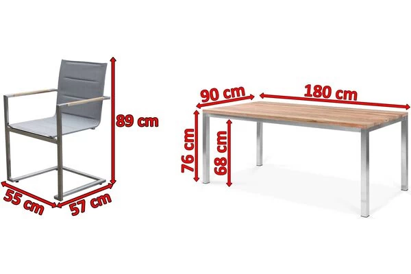 OUTFLEXX Esstischgarnitur, Edelstahl / FSC-Teak, Tisch 180 X 90 Cm, 6 Freischwinger Padded, Taupe 7 OUTFLEXX Esstischgarnitur, Edelstahl / FSC-Teak, Tisch 180 X 90 Cm, 6 Freischwinger Padded, Taupe – Bild 5